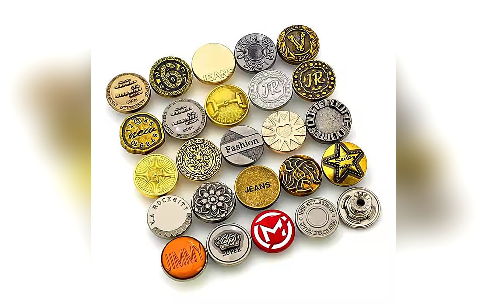 Custom metal jeans buttons and denim hardware with engraved logos